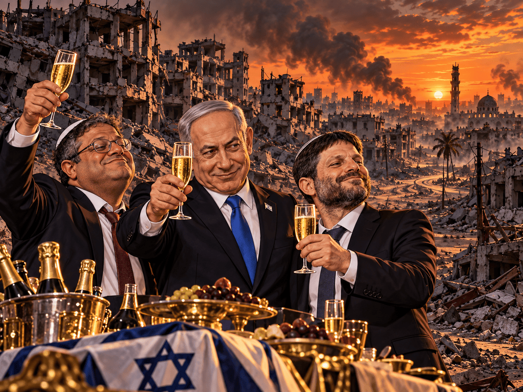 Illustration of people celebrating against a backdrop of destruction