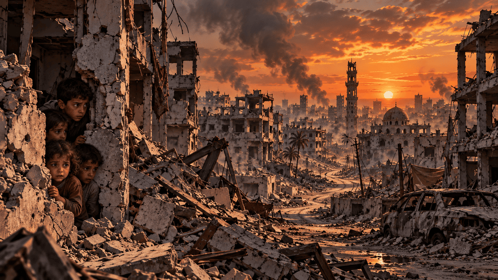 View of heavily damaged buildings in Gaza