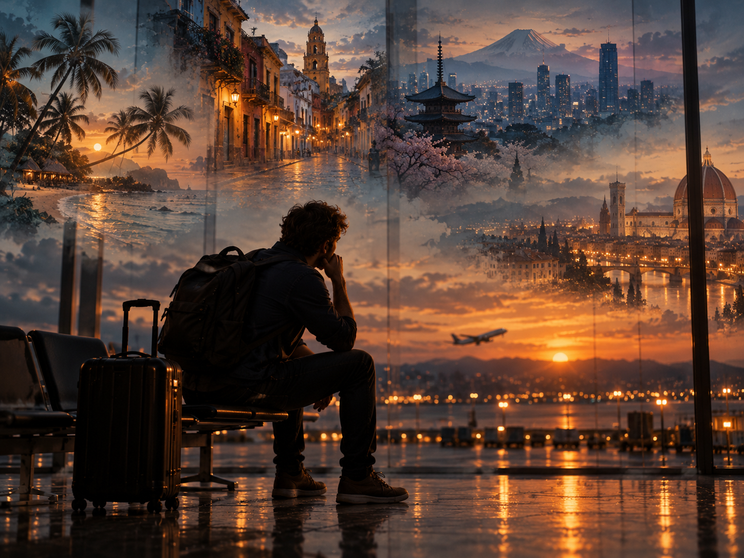 A traveler thinking of different destinations around the world