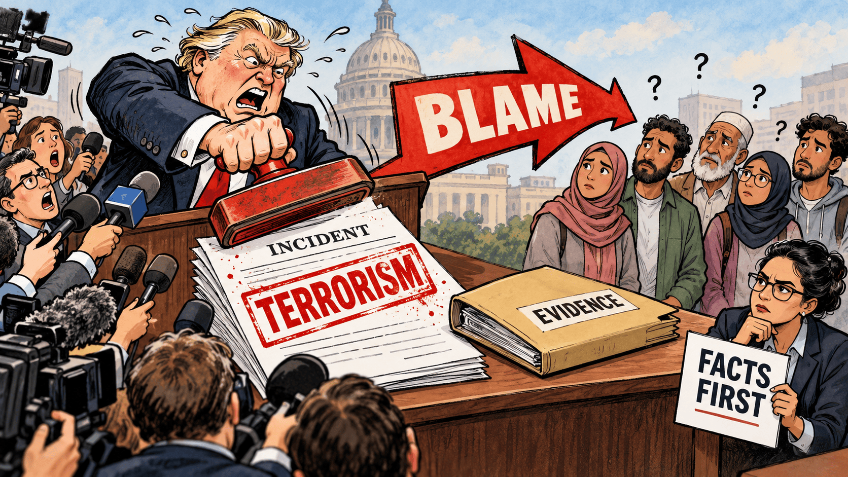 AI-generated satirical cartoon of a politician stamping terrorism before examining evidence, directing blame at Muslim civilians while an investigator calls for facts first.