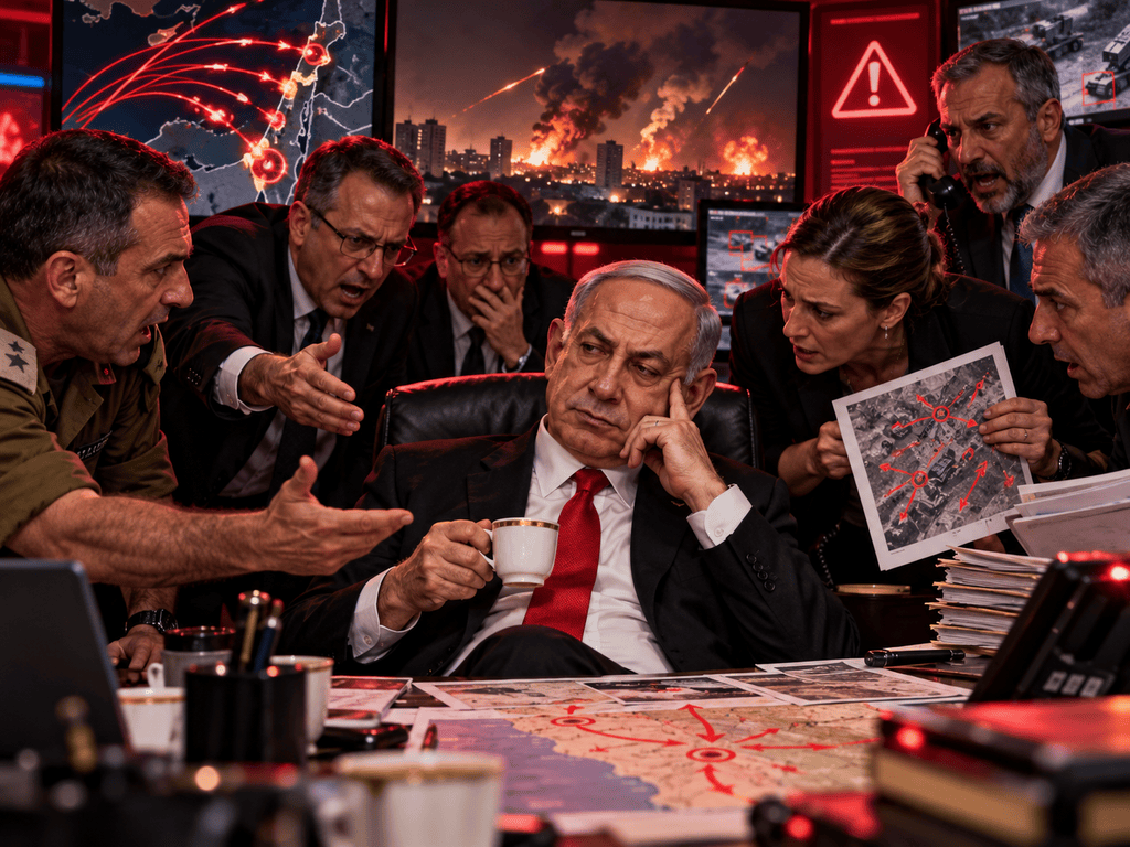 Illustration of Benjamin Netanyahu sitting calmly while officials attempt to warn him about an imminent attack