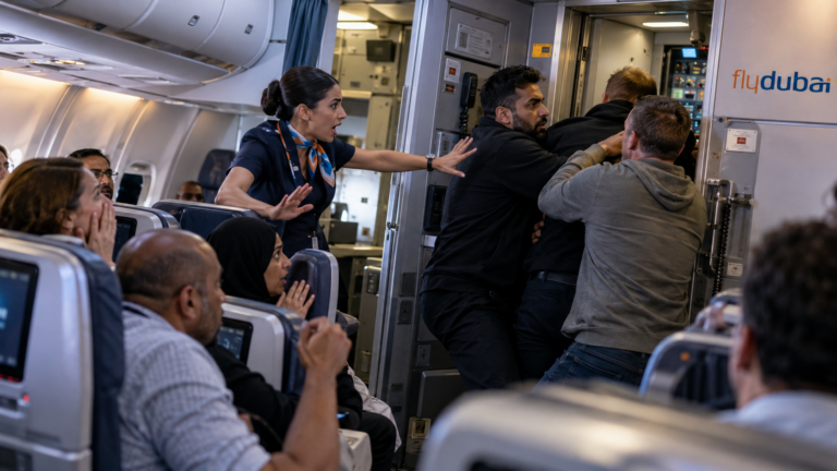 AI-generated illustration of passengers confronting someone near an aircraft cockpit as a flight attendant reacts.