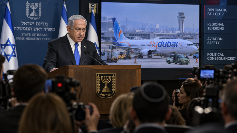 AI-generated illustration of Benjamin Netanyahu speaking at a press conference with a Flydubai aircraft on a screen.