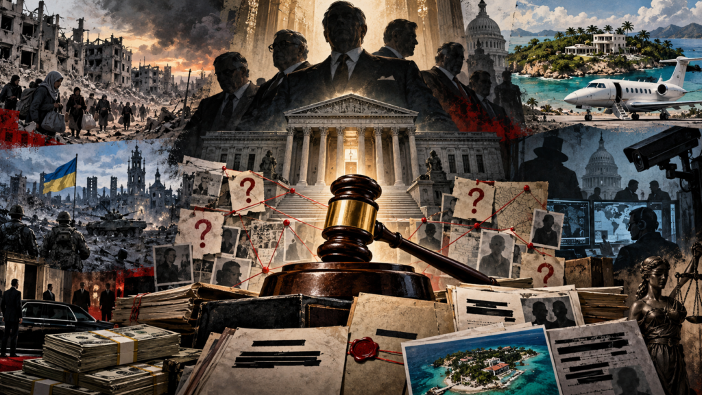 A dramatic collage of real-world news, conflict and scandal imagery symbolizing reality becoming more compelling than fiction.