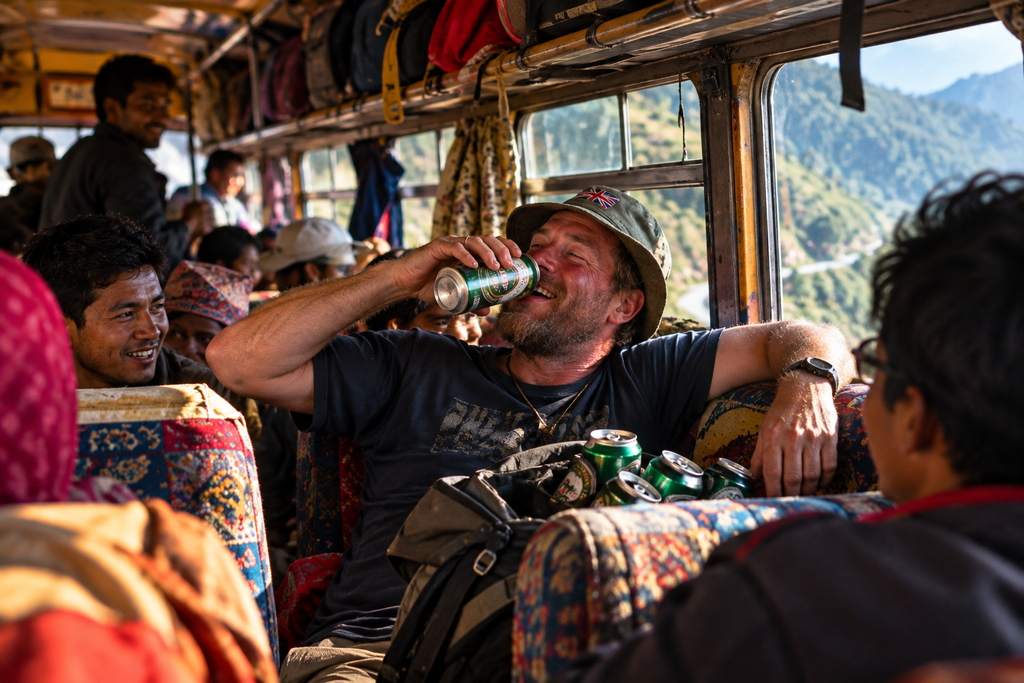 Passenger raises a drink aboard a crowded mountain bus on the journey toward Kathmandu.