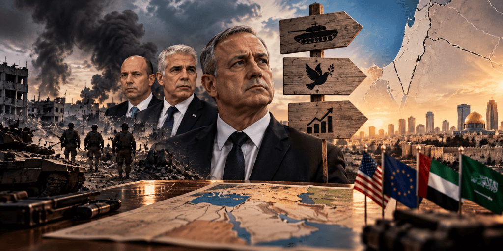 Editorial illustration of Israel and the Middle East at a political crossroads between continued conflict, diplomacy and regional change
