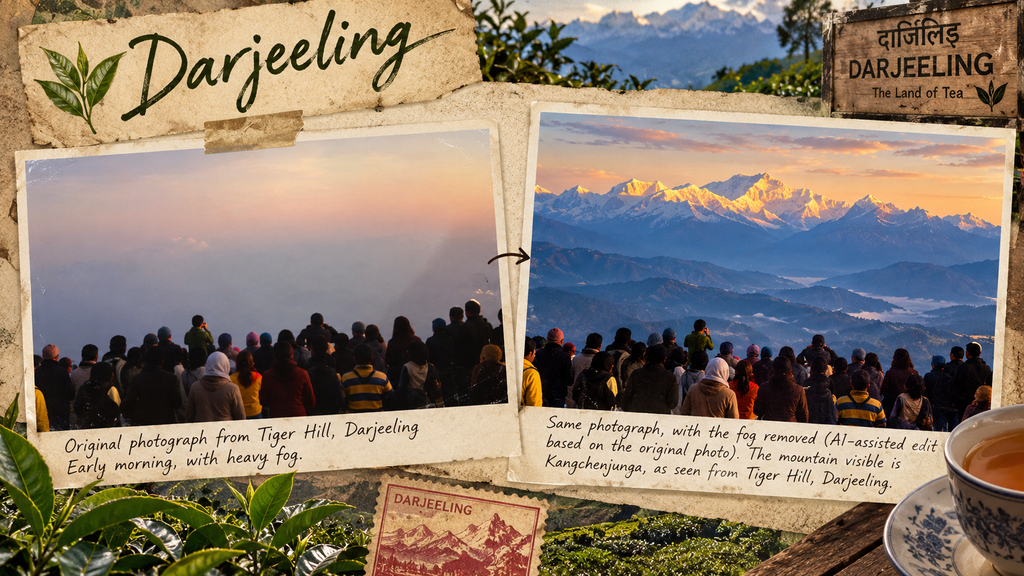 Misty mountain landscape near Darjeeling, with clouds lifting over the Himalayan foothills.