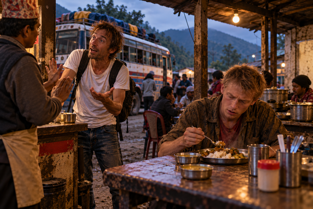 Roadside restaurant in the mountains where the bus stopped for a meal after dark.