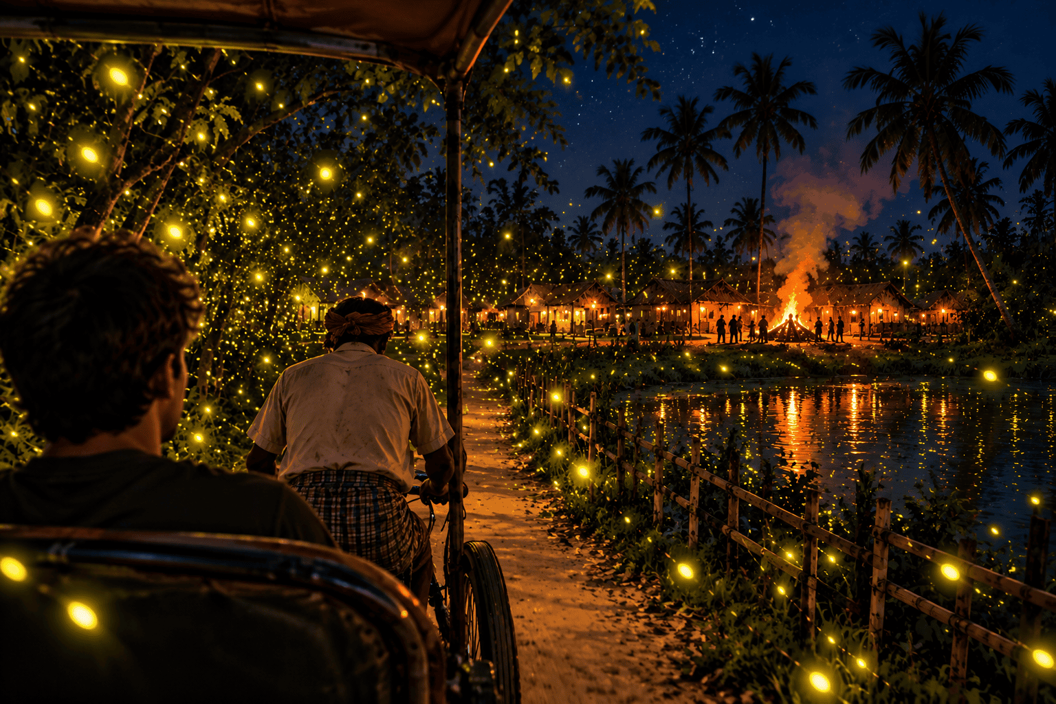 Nighttime bicycle taxi ride surrounded by glowing fireflies, with a bonfire and village visible in the distance.