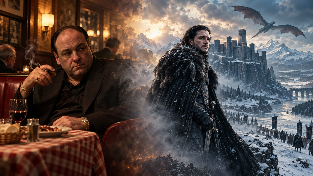 A cinematic collage representing the rise of prestige television from crime drama to large-scale fantasy.