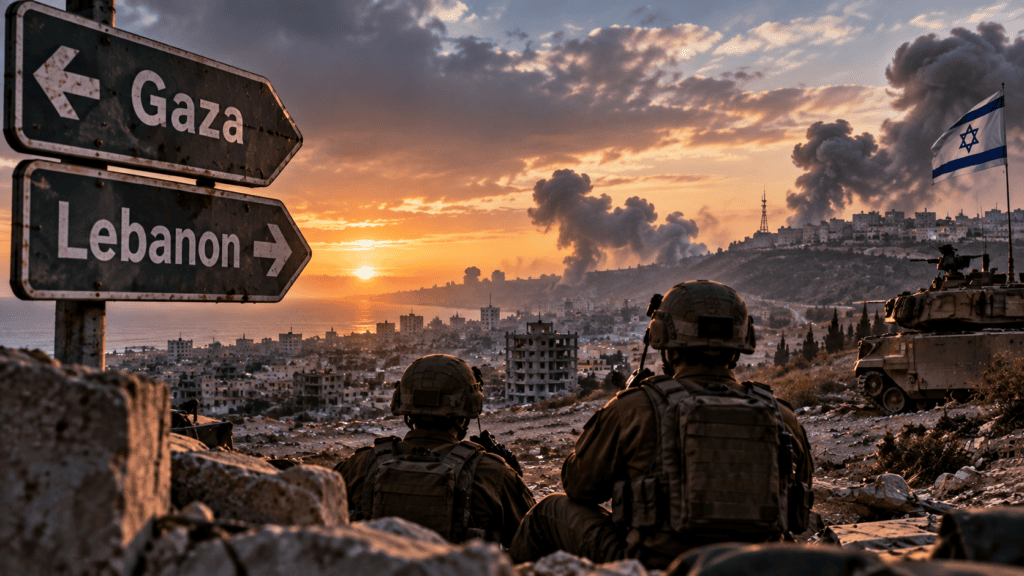 Editorial illustration of Israeli soldiers overlooking a war-damaged landscape, with signs pointing toward Gaza and Lebanon