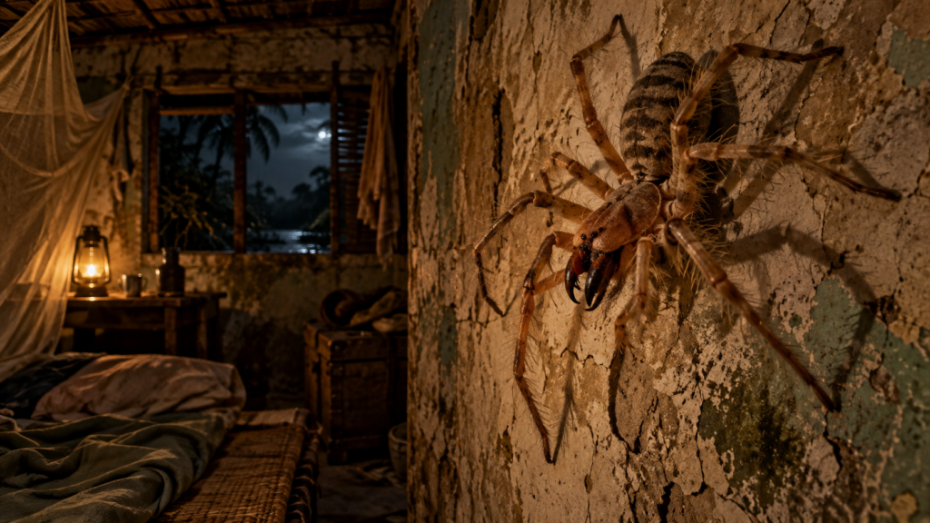 A giant camel spider on the wall of a worn down hotel room in India.