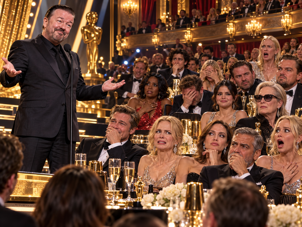 Ricky Gervais delivers a satirical awards-show roast as glamorous Hollywood guests react with shock, discomfort and laughter.