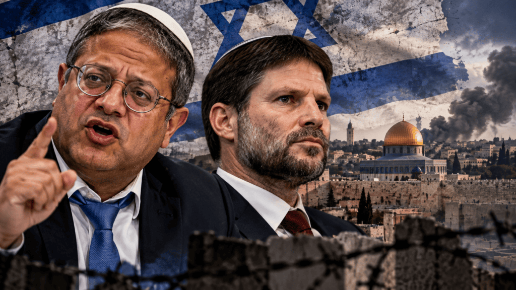 Editorial montage of Itamar Ben-Gvir and Bezalel Smotrich with the Israeli flag and Jerusalem in the background