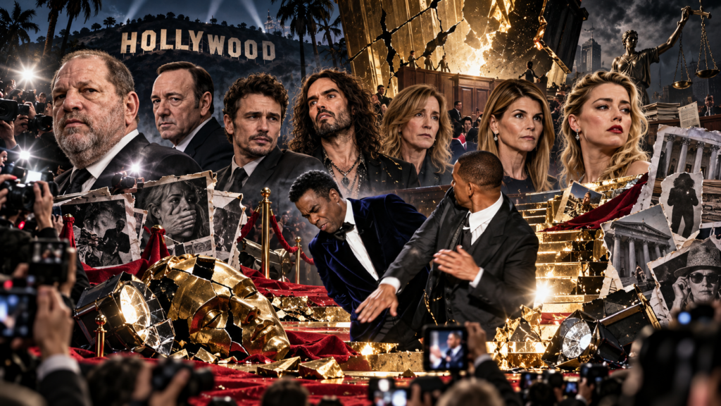 A satirical collage of Hollywood scandal imagery under press flashbulbs and red-carpet glamour.