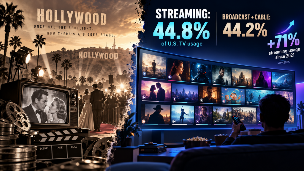 An infographic contrasting traditional Hollywood with streaming, showing streaming at 44.8% of U.S. TV usage in May 2025.