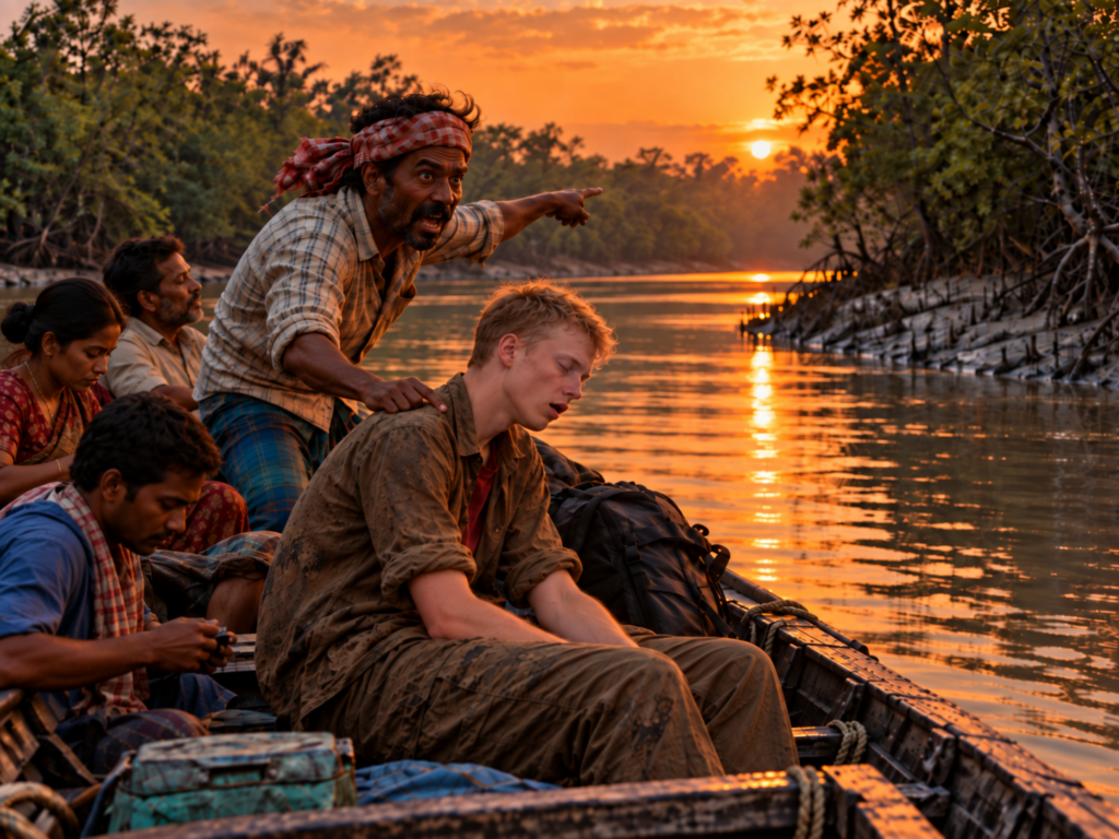 A tired young traveler dozes in a boat on a Sundarbans river while a wild-eyed man taps his shoulder and points excitedly at nothing.