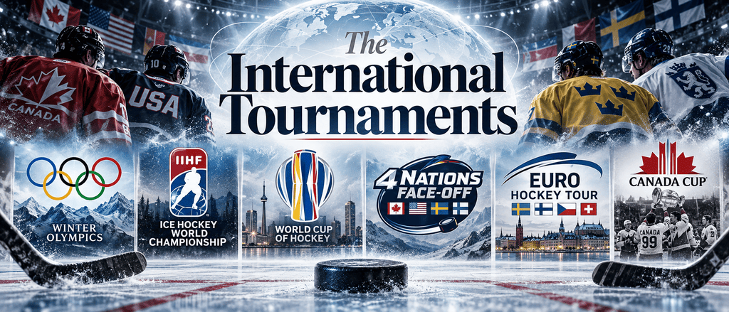 Collage of major international ice hockey tournaments including the Winter Olympics, World Championship and World Cup