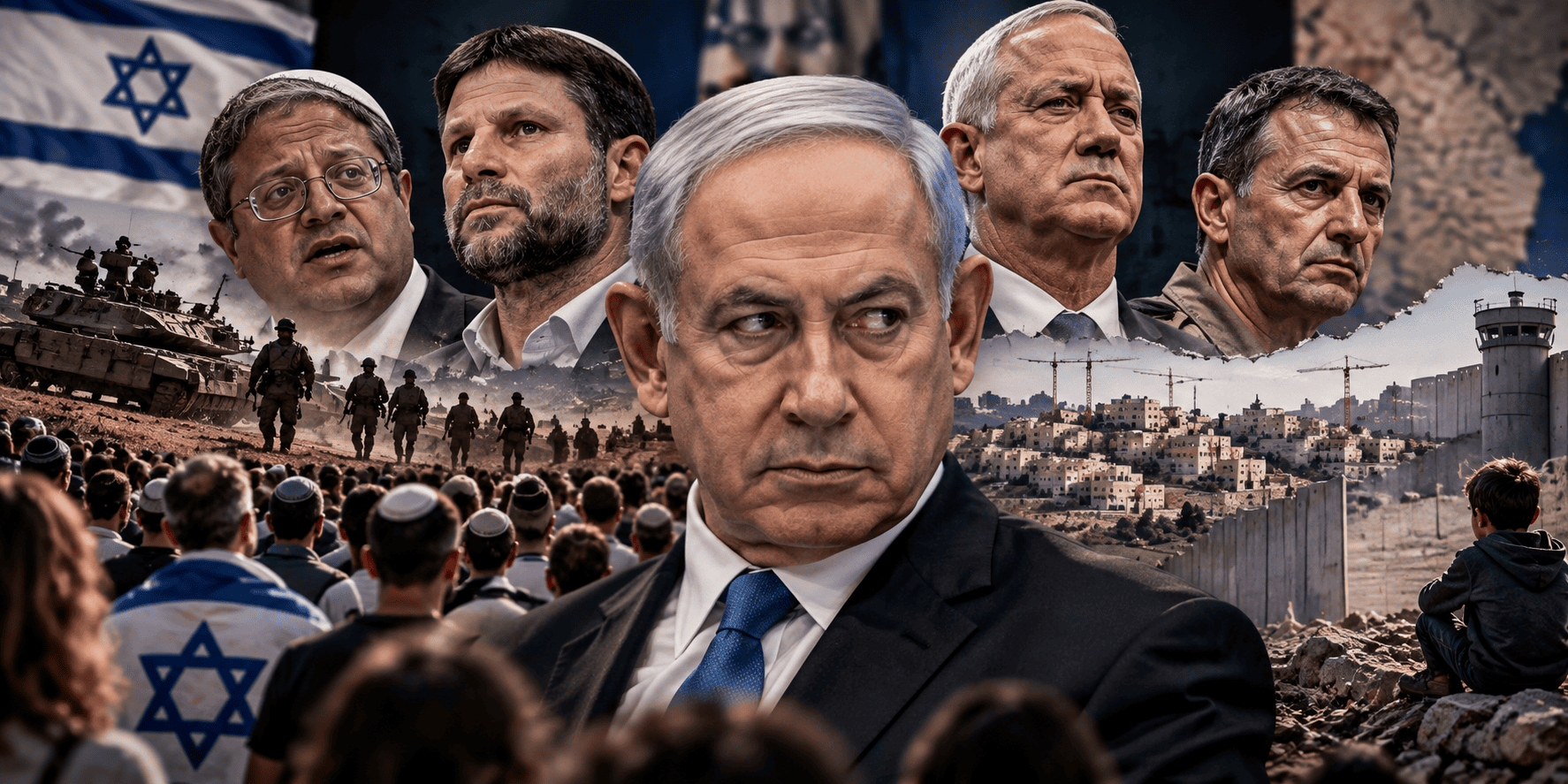 Editorial collage showing Benjamin Netanyahu amid Israeli political leaders, soldiers, civilians and the wider conflict