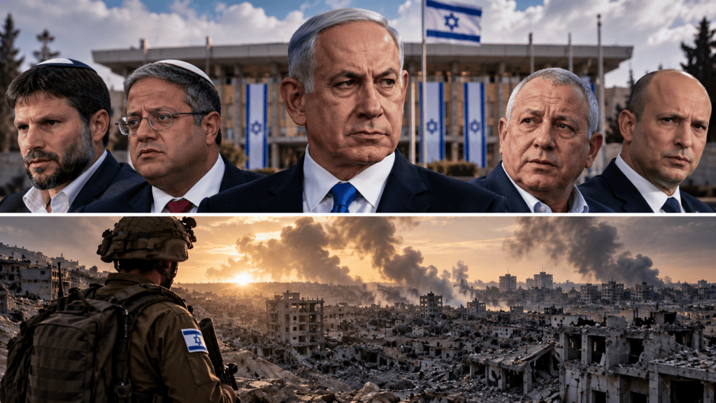Editorial illustration of Benjamin Netanyahu and other Israeli political figures above an Israeli soldier overlooking a war-damaged city