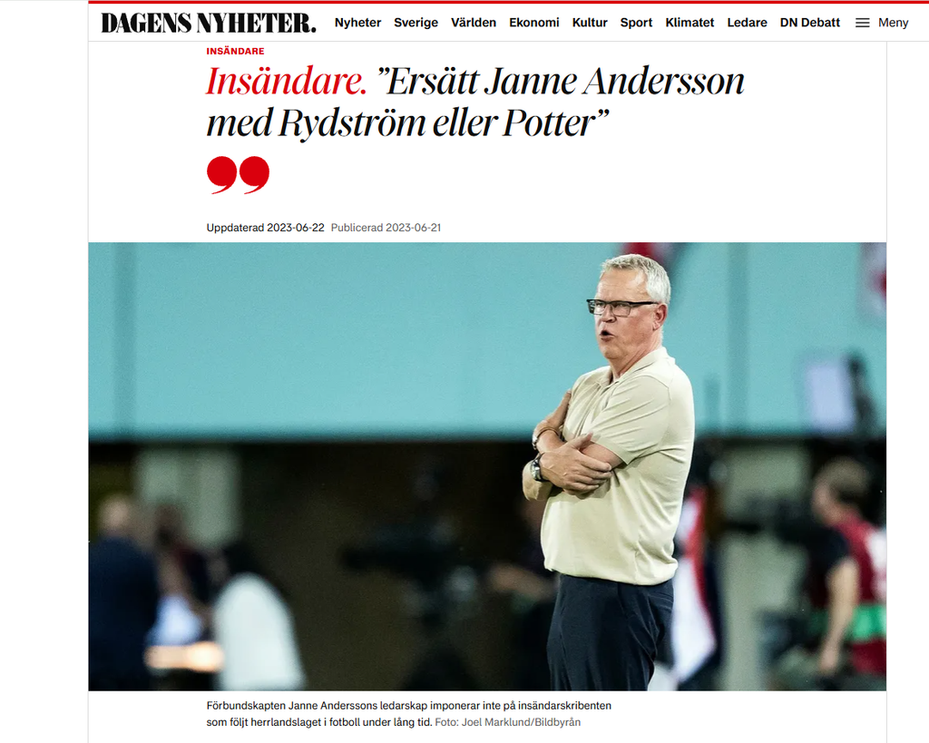 Screenshot of the newspaper article about replacing Sweden's national football coach
