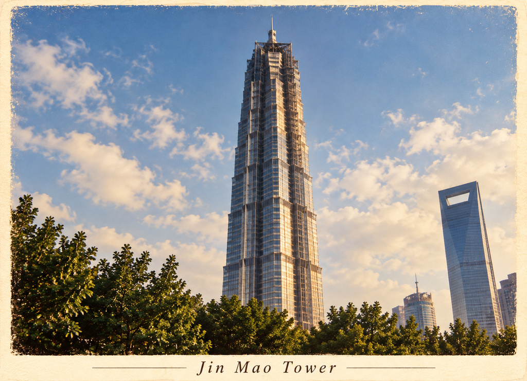 Jin Mao Tower photographed from street level in Shanghai