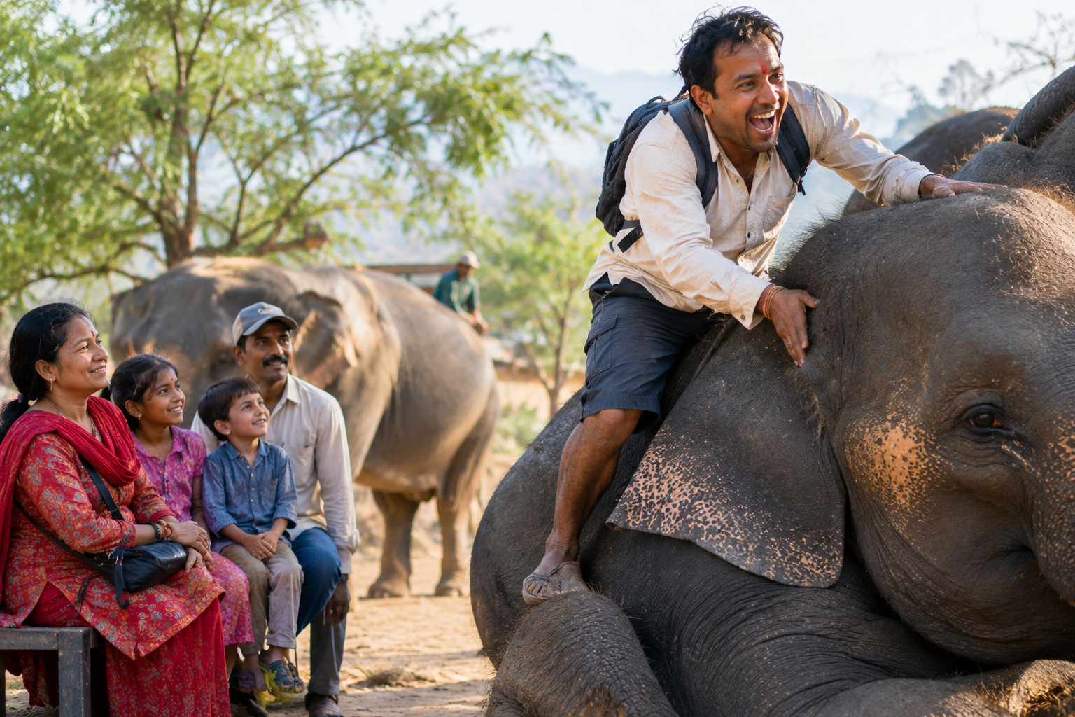 AI-generated illustration of a delighted visitor climbing onto an elephant while his family watches in Chitwan National Park