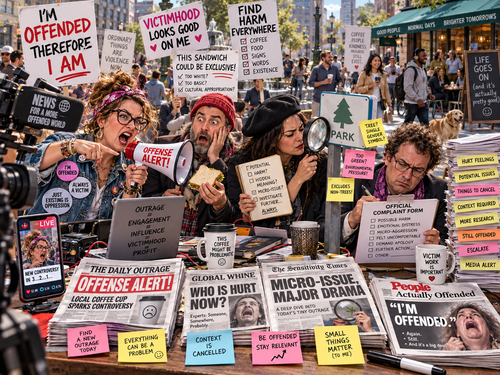 Satirical illustration of people searching for reasons to be offended