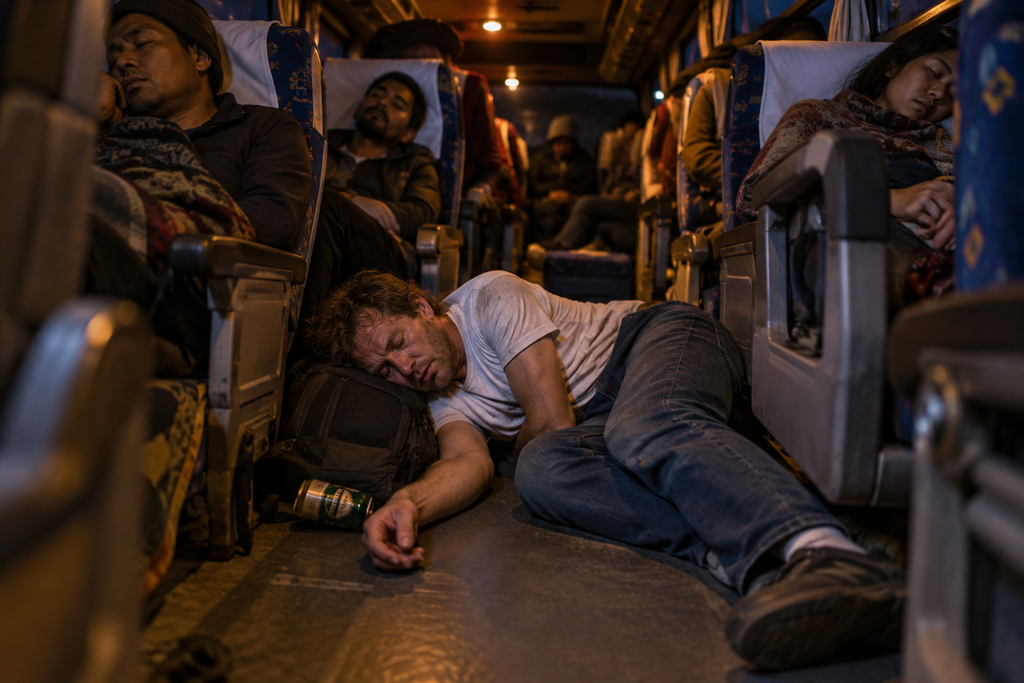 Exhausted passenger asleep on the aisle floor of an overnight mountain bus.
