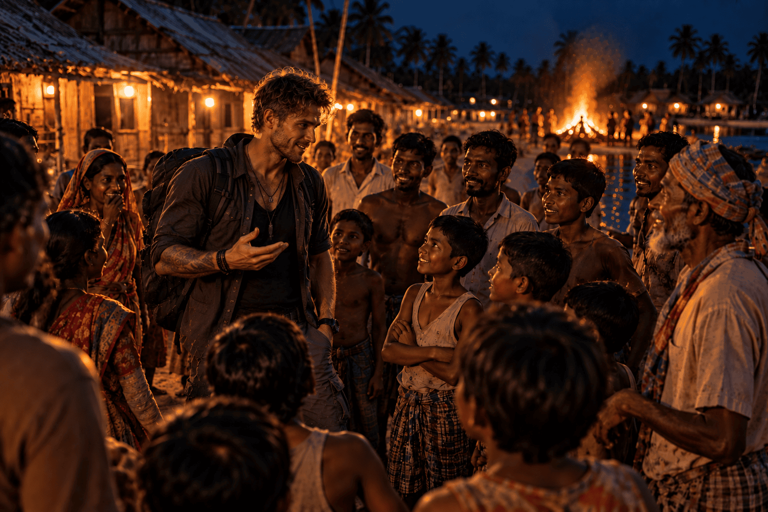 Rugged Scandinavian traveler standing out among villagers during a nighttime visit to the Sundarbans.