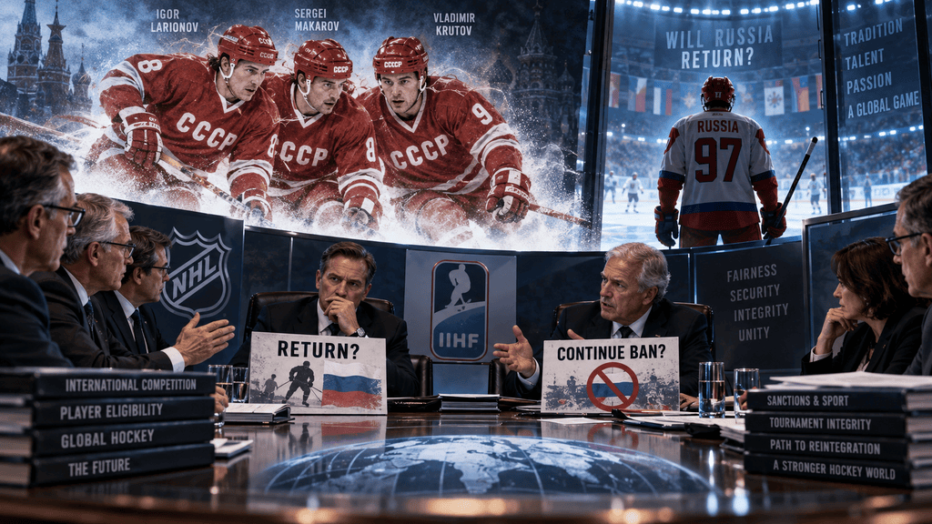 Illustration of debate over Russia's return to international ice hockey, with Soviet-era hockey legends in the background