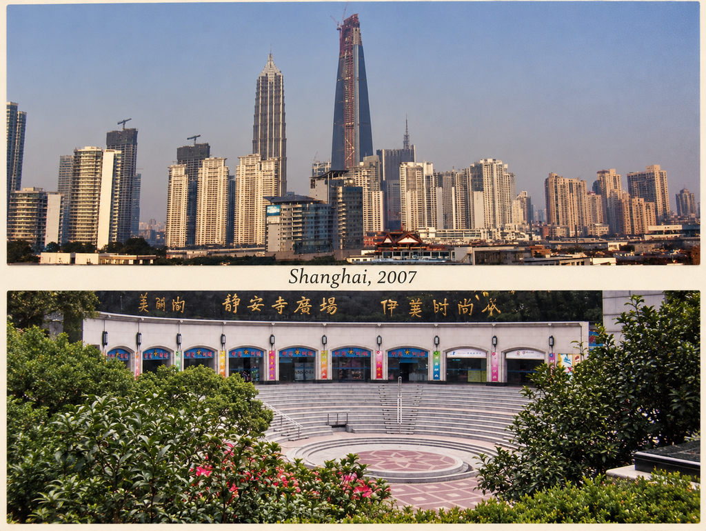 Shanghai in 2007, featuring the city skyline and a busy urban plaza