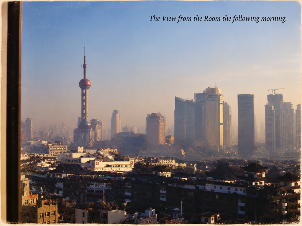Shanghai skyline with the Oriental Pearl Tower seen from a hotel room in 2007