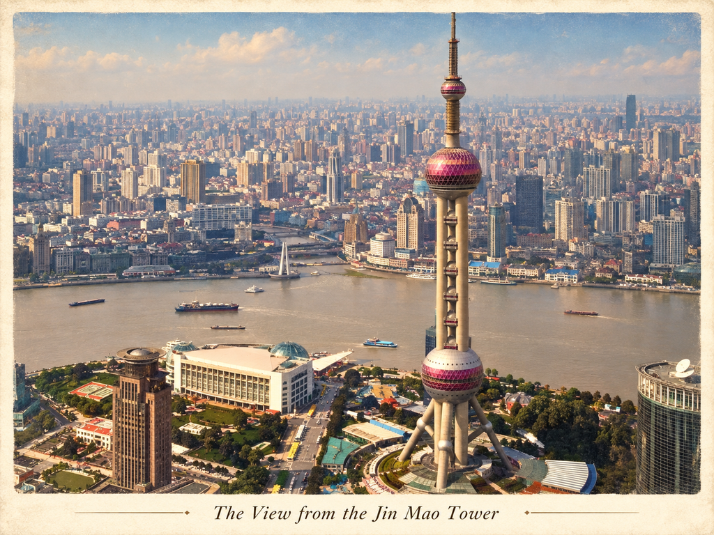 View over the Huangpu River and Oriental Pearl Tower from Jin Mao Tower