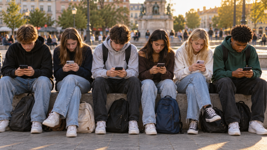 Young people absorbed in different digital screens, illustrating how smartphones and other devices compete with movies for attention.