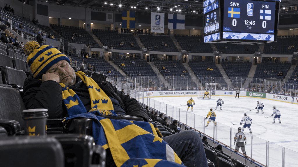 Sleeping Sweden fan during a sparsely attended ice hockey game against Finland