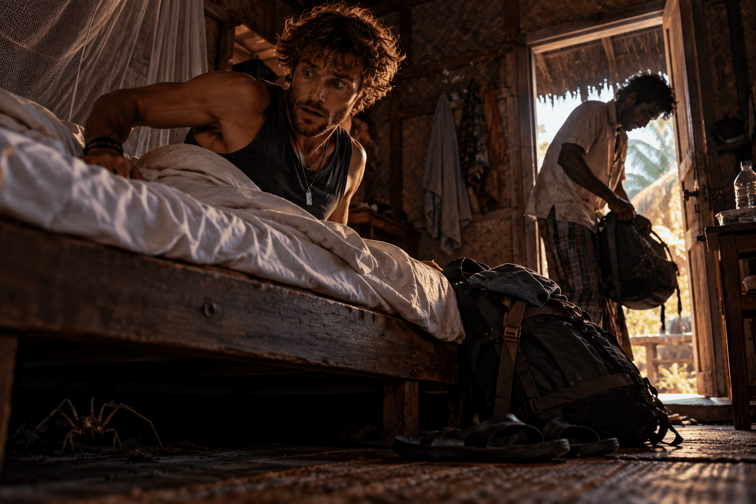 Startled Scandinavian traveler waking suddenly in a rustic Sundarbans room after remembering a camel spider could be under the bed.