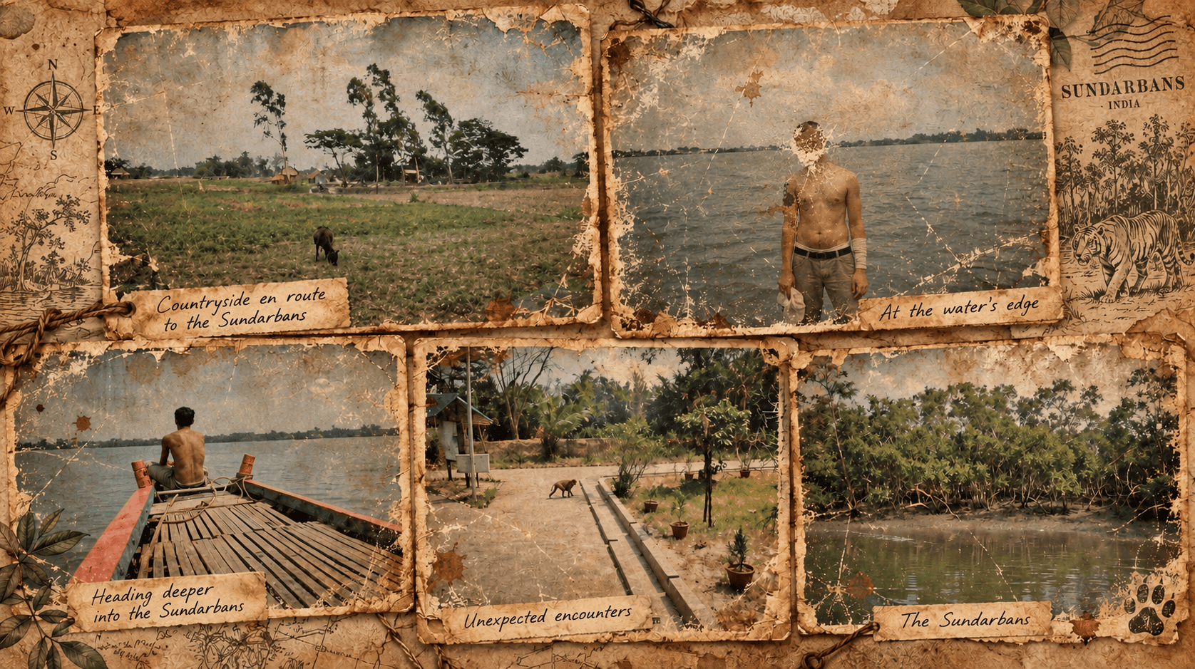 Weathered expedition scrapbook from a 2007 journey through the Sundarbans in India, showing countryside, river travel, village encounters and mangrove scenery.
