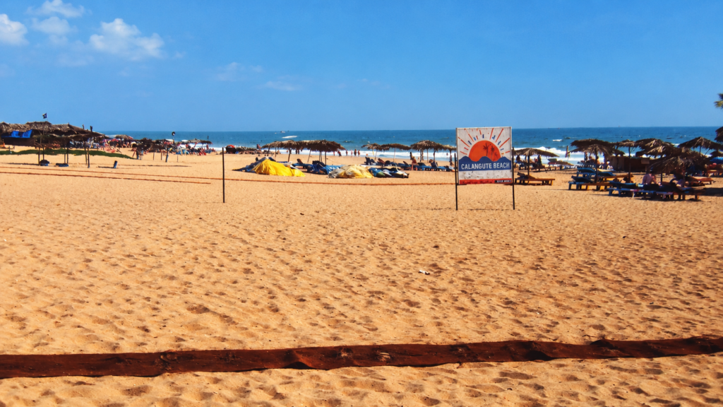 Calangute Beach in Goa, with thatched sunshades, loungers and the sea under a blue sky.
