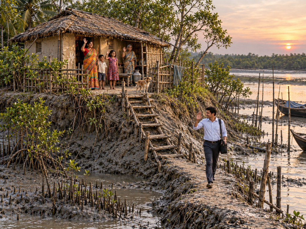 A man in office clothes walks away from a mud hut on a small Sundarbans island while his family waves goodbye from the doorway.