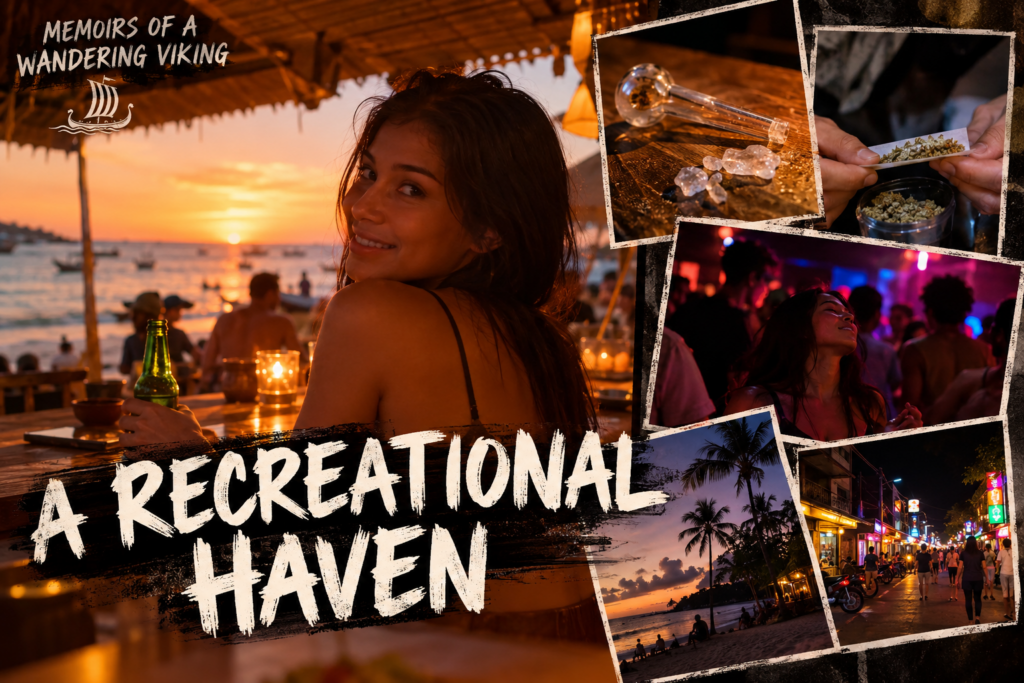 A Recreational Haven cover collage with a woman at a sunset beach bar, nightlife scenes and palm trees.