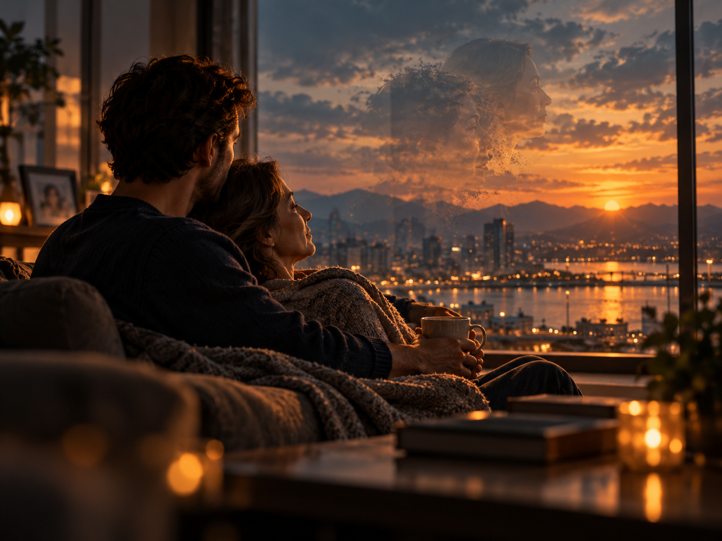 Two loved ones enjoying a quiet moment while a faded reflection suggests fear of loss