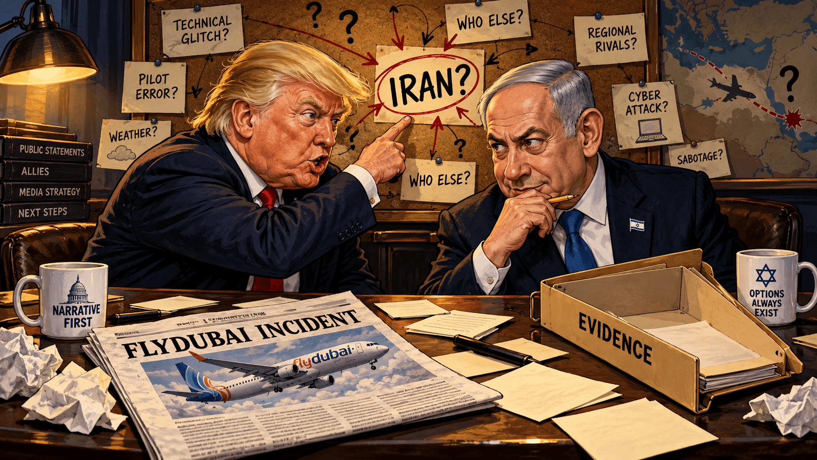 AI-generated satire about the Flydubai attack: Donald Trump and Benjamin Netanyahu consider whom to blame beside an Iran question mark and an empty evidence tray.