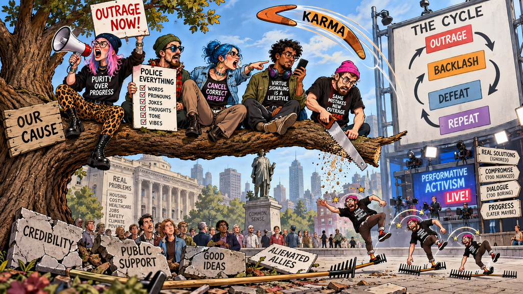 Satirical illustration of the backlash caused by repeated political outrage