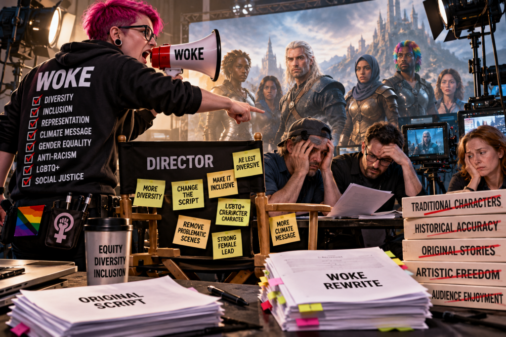 A satirical film-set illustration about political and ideological messaging becoming more visible in entertainment.