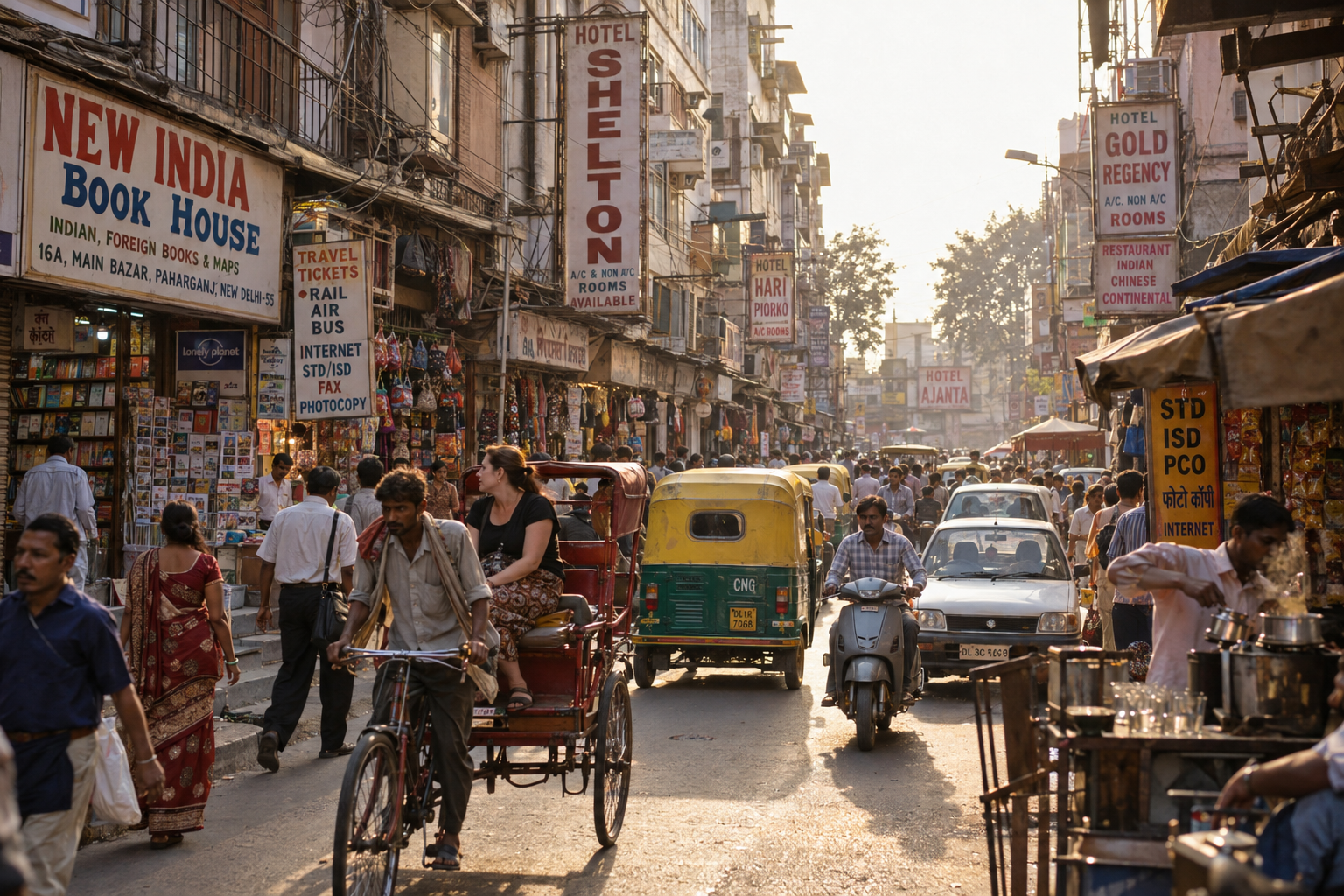 Life in New Delhi – Paharganj in 2007 Illustration of a busy Paharganj street in New Delhi in 2007, with rickshaws, pedestrians, shops and hotel signs.